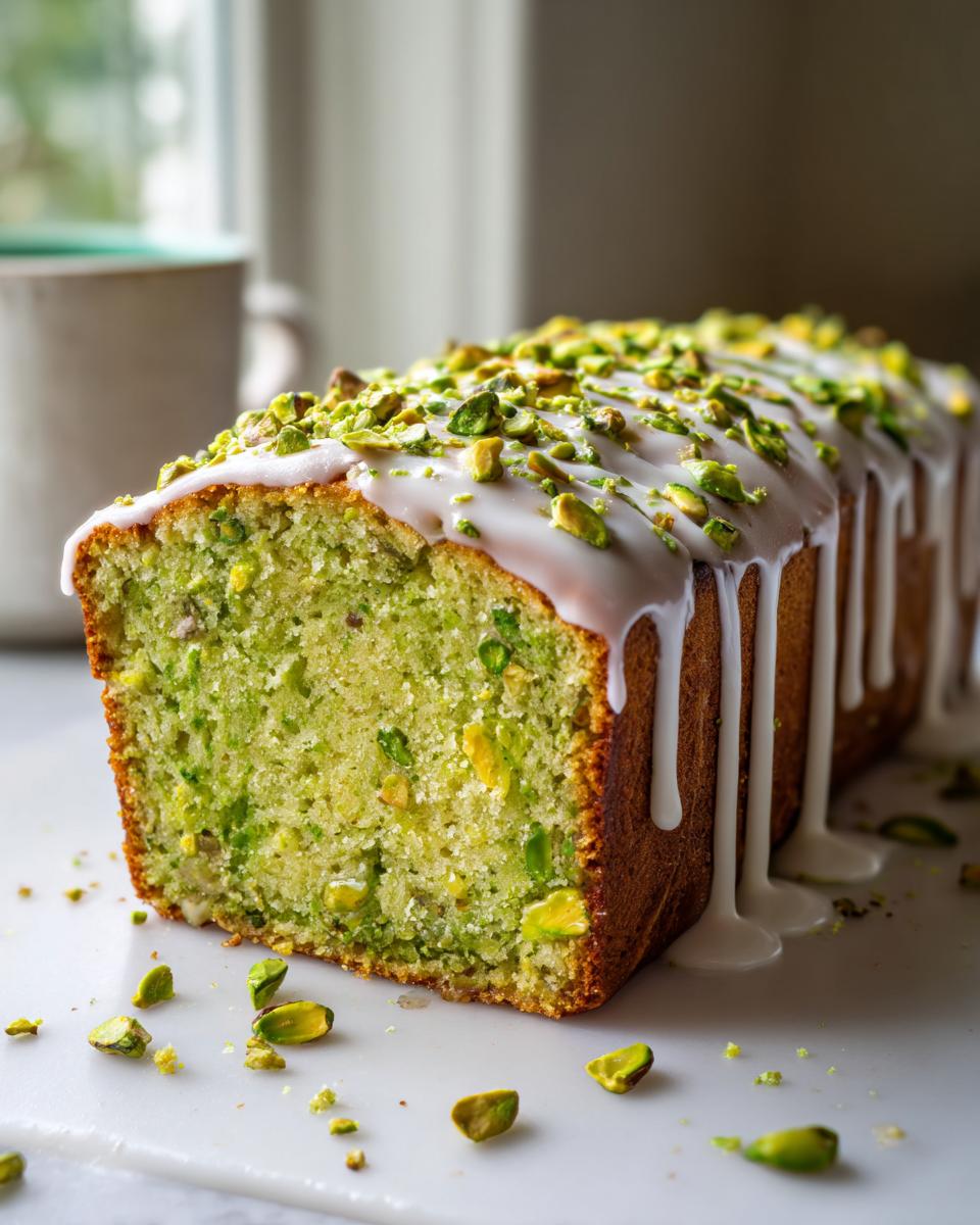 A vibrant green pistachio bread loaf, sliced to show texture, topped with white glaze and chopped pistachios.