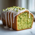 A cross-section of a vibrant green pistachio bread loaf topped with white glaze and chopped pistachios.