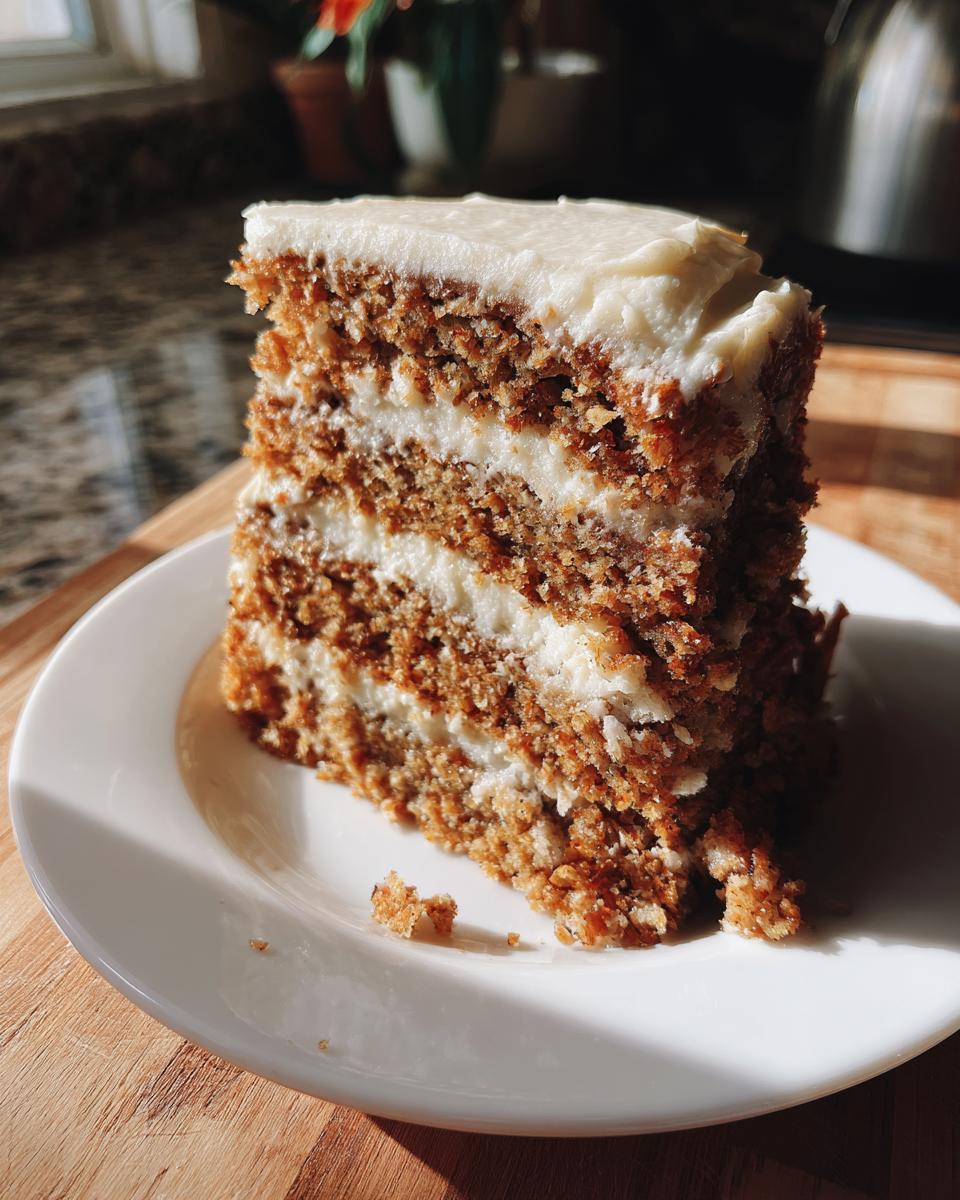 A tall slice of moist spice cake with thick layers of white cream cheese frosting on a white plate.