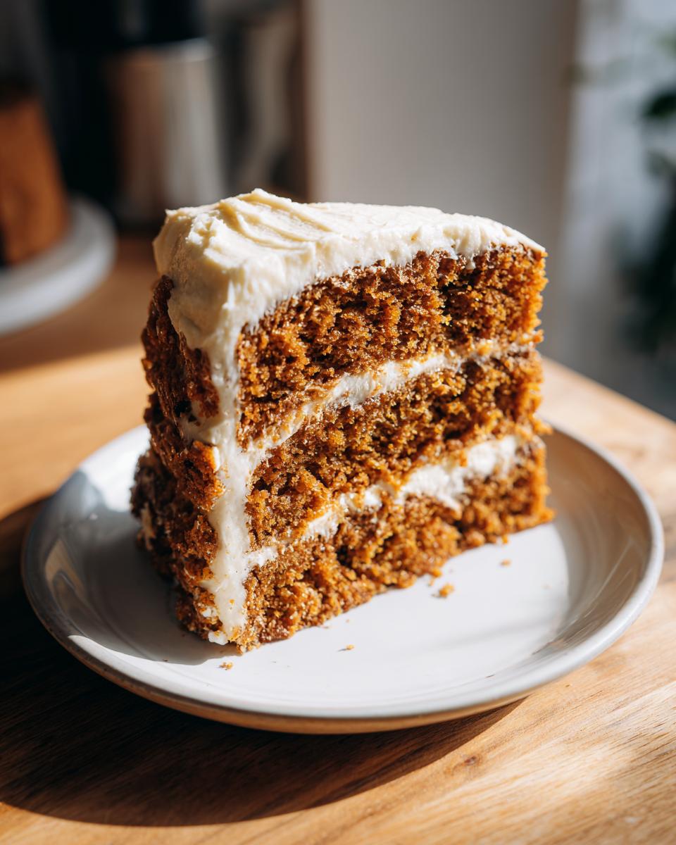 A tall, moist slice of three-layer spice cake with thick cream cheese frosting on a white plate.