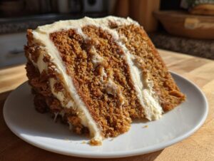 Close-up of a moist slice of layered spice cake with thick cream cheese frosting, sitting on a white plate.