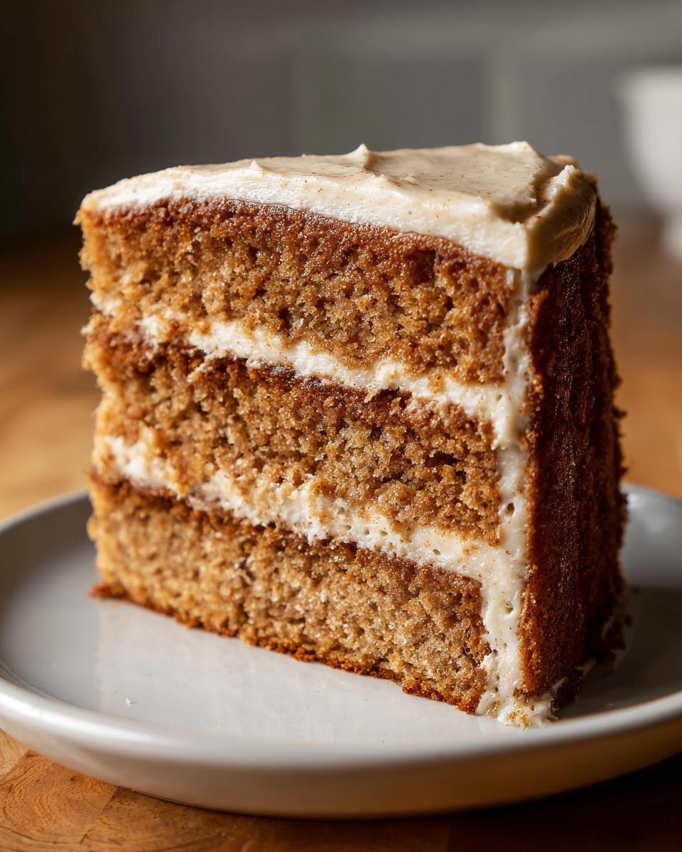 Close-up of a tall, moist slice of three-layer spice cake with thick white frosting between layers and on top.
