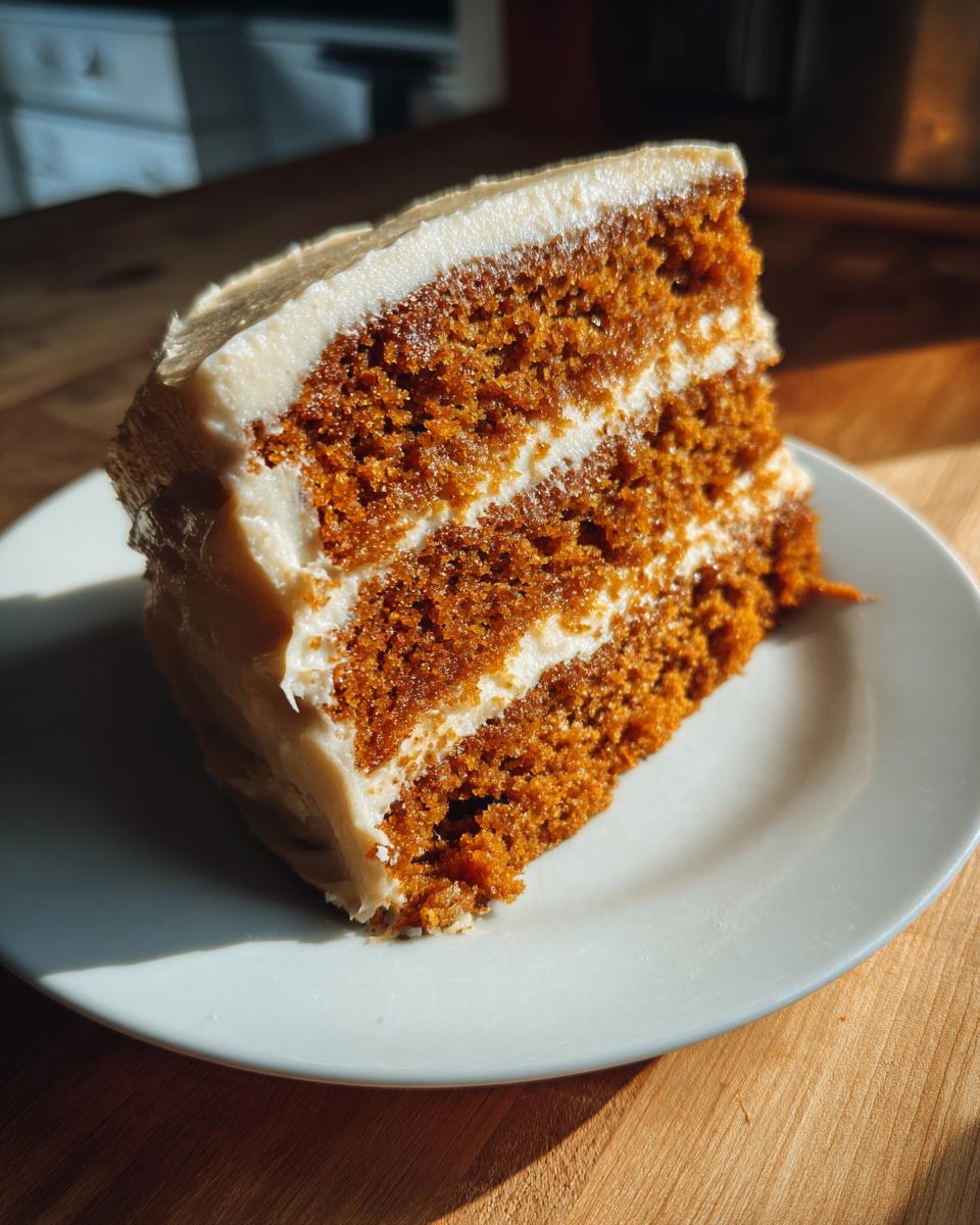 A close-up, sunlit slice of moist, three-layer spice cake with thick white cream cheese frosting layers.