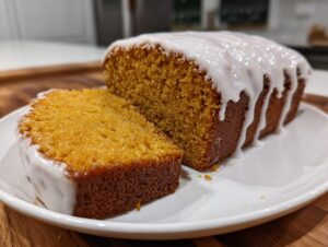 A slice of moist sweet potato pound cake next to the main loaf, topped with a thick vanilla glaze.