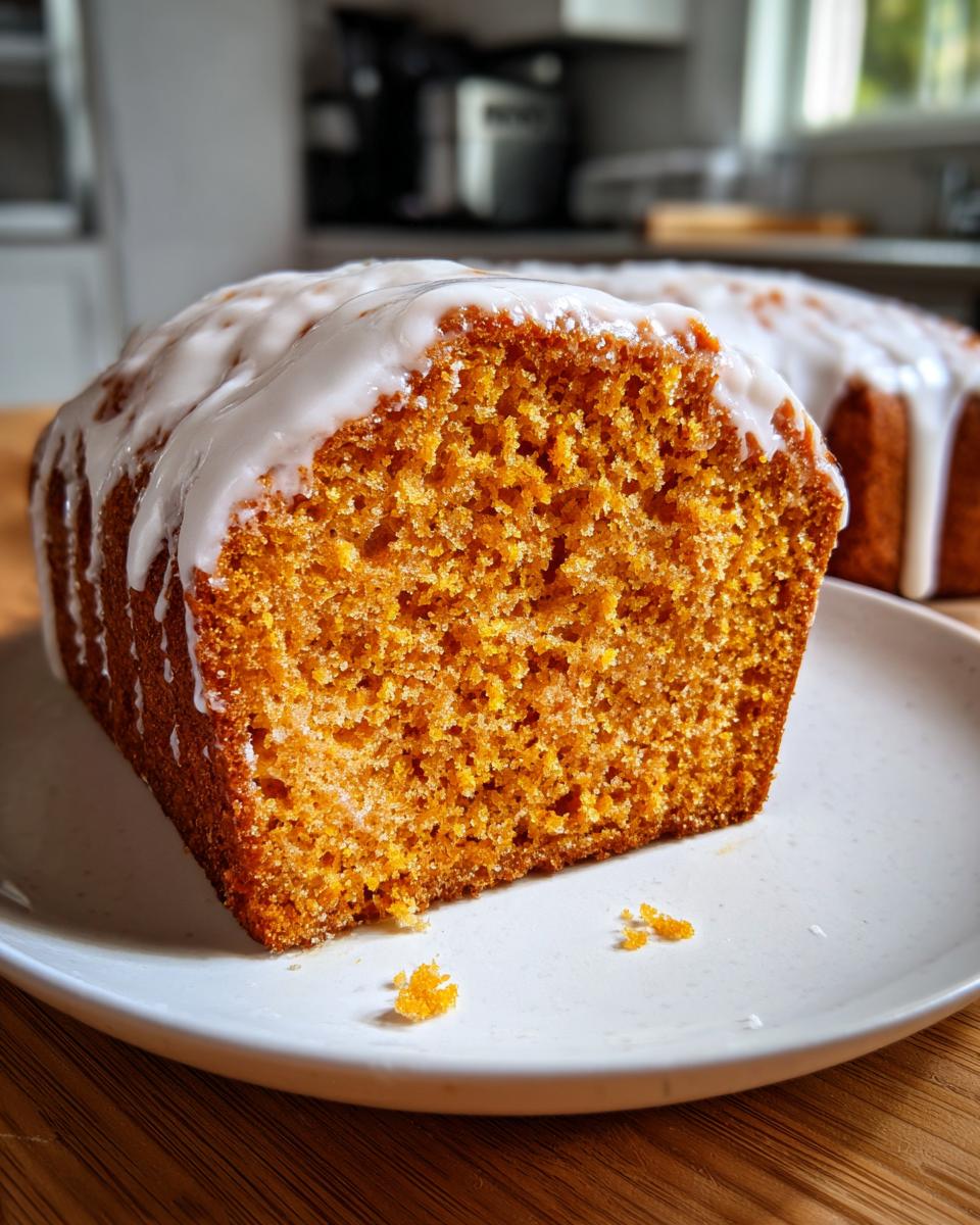 Close-up of a moist slice of sweet potato pound cake with a thick white glaze dripping down the side.