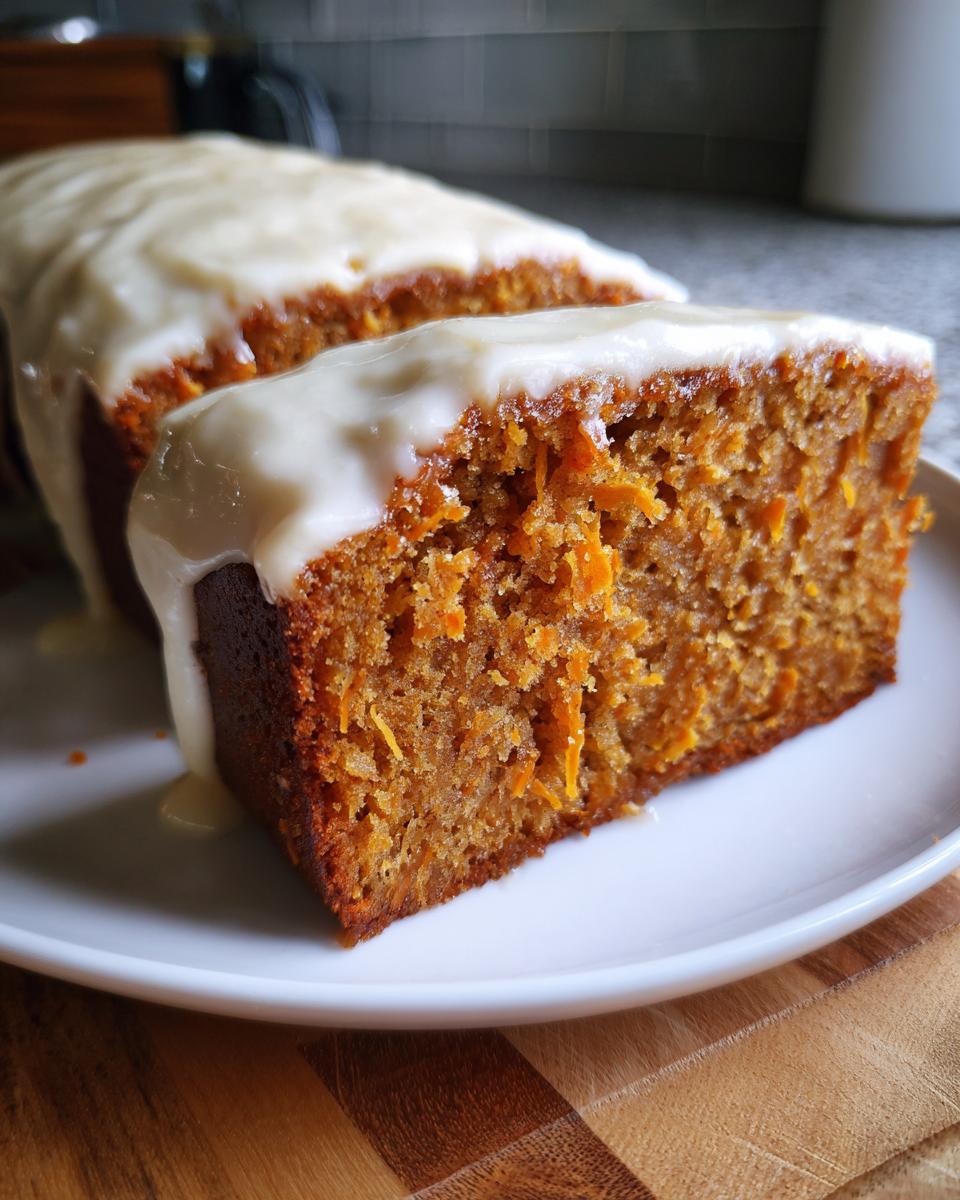 Close-up of a moist slice of sweet potato pound cake topped with thick white glaze.