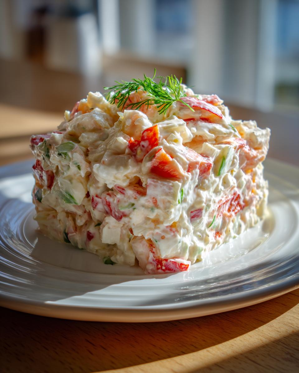 A perfectly molded square serving of creamy seafood salad, featuring visible chunks of red pepper and shrimp, topped with fresh dill.