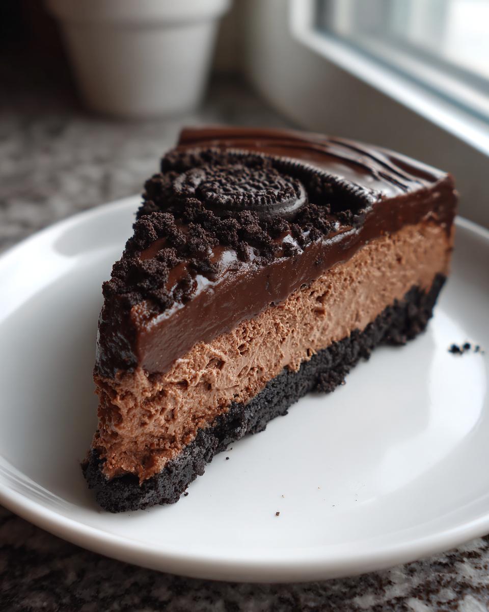 A rich slice of no bake chocolate cheesecake featuring a dark crust, creamy filling, and glossy chocolate topping with cookie crumbles.