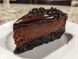 A decadent slice of no bake chocolate cheesecake with a thick chocolate crust, rich filling, and glossy ganache topping.