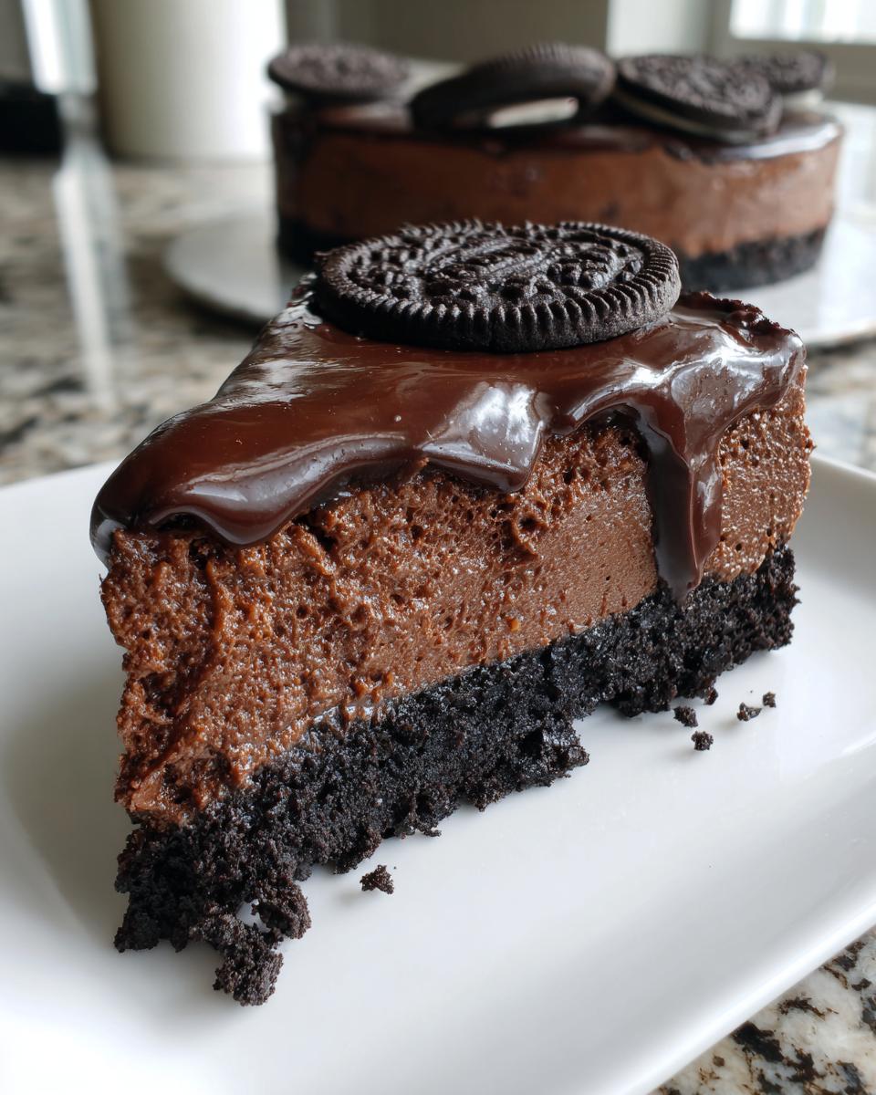 A decadent slice of no bake chocolate cheesecake with a thick Oreo crust, topped with ganache and a whole chocolate sandwich cookie.