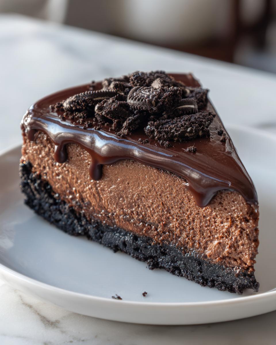 A rich slice of no bake chocolate cheesecake with a dark cookie crust, chocolate ganache, and crushed Oreos.