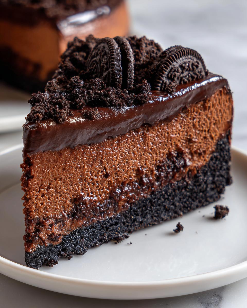 A decadent slice of no bake chocolate cheesecake featuring a dark Oreo crust, rich mousse filling, and topped with ganache and cookies.