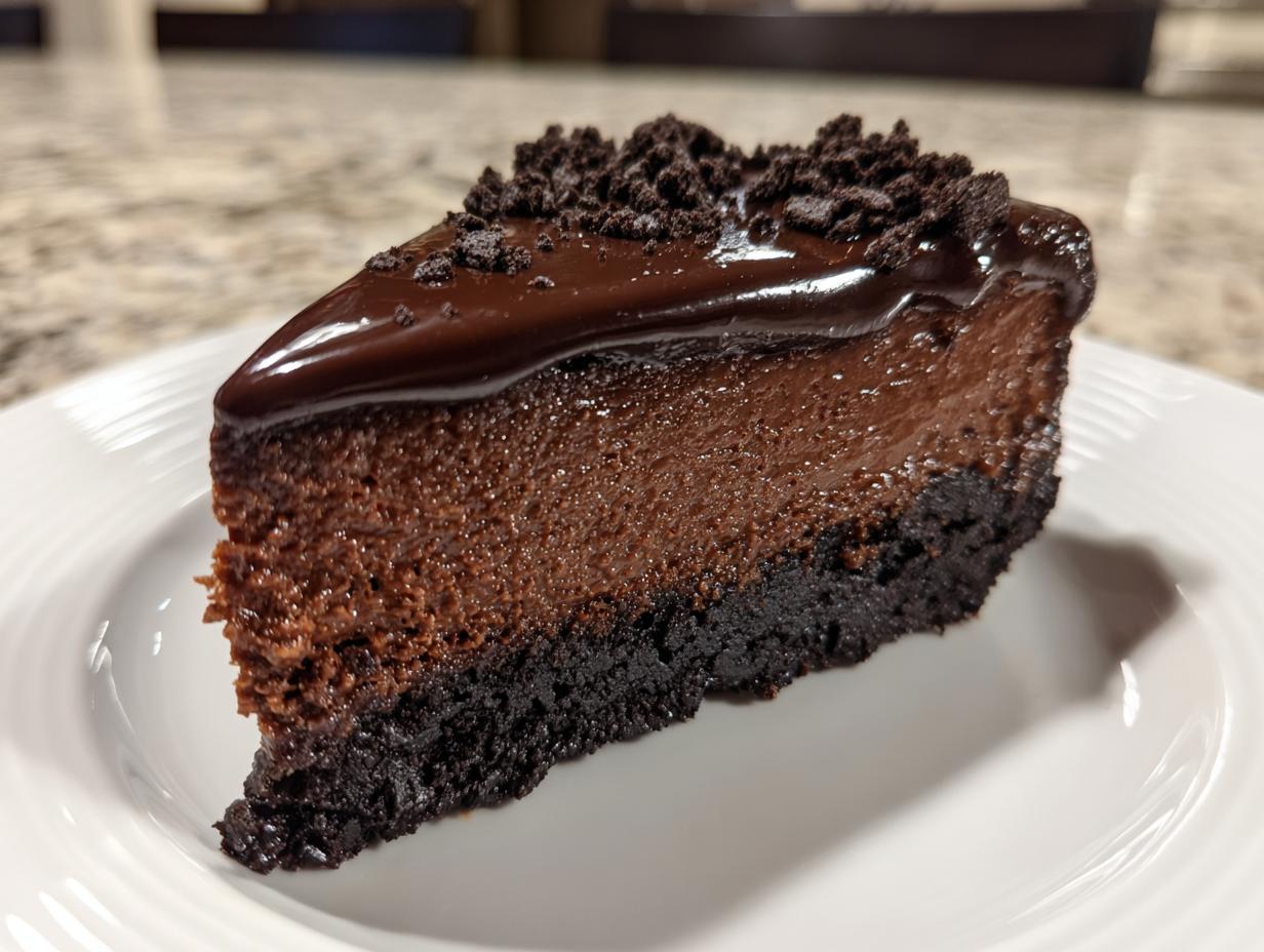 A decadent slice of no bake chocolate cheesecake with a thick chocolate crust, rich filling, and glossy ganache topping.
