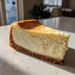 A perfect, creamy slice of cheesecake recipe with a graham cracker crust, dusted lightly with spice.