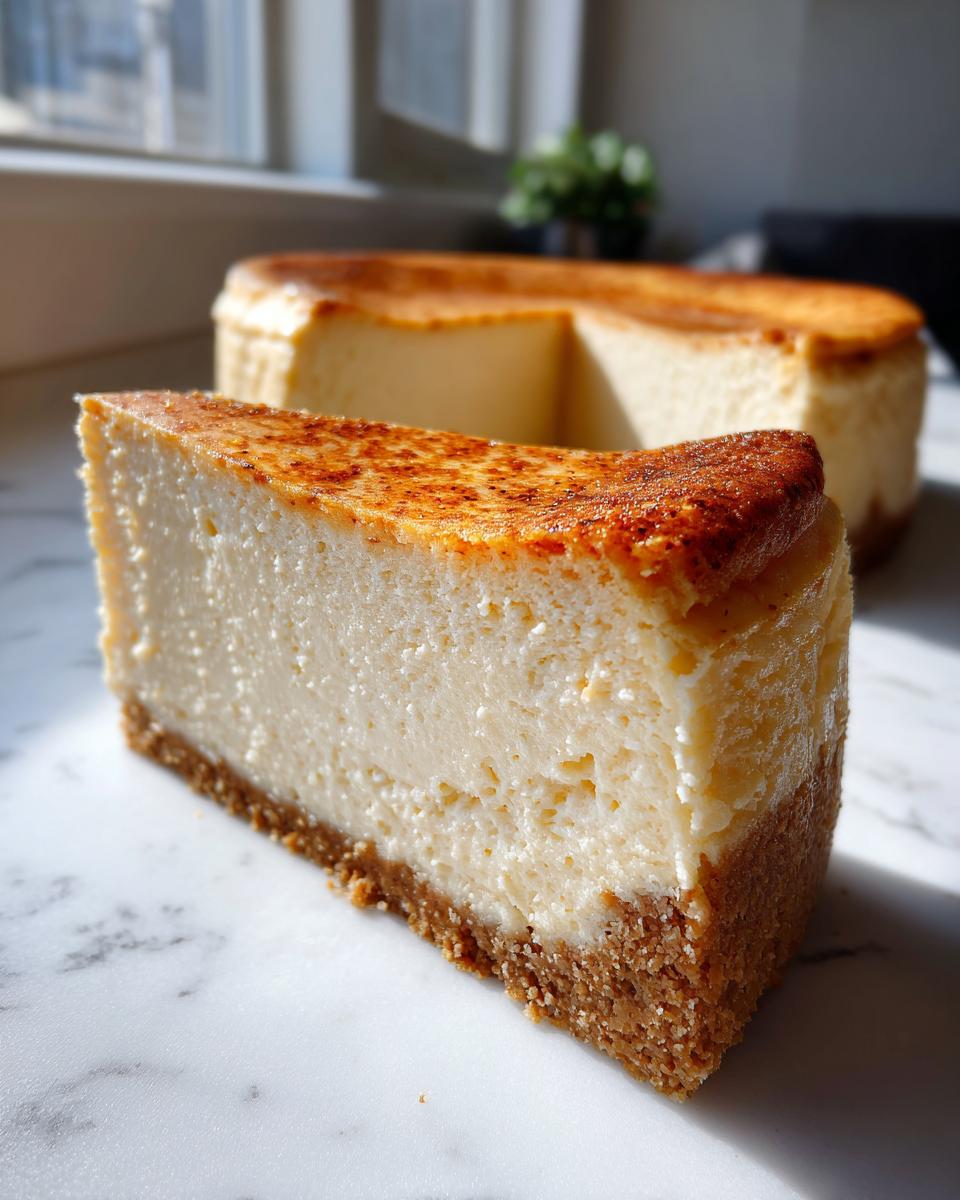 A thick slice of creamy cheesecake with a graham cracker crust and a slightly browned top, part of the whole cheesecake recipe.