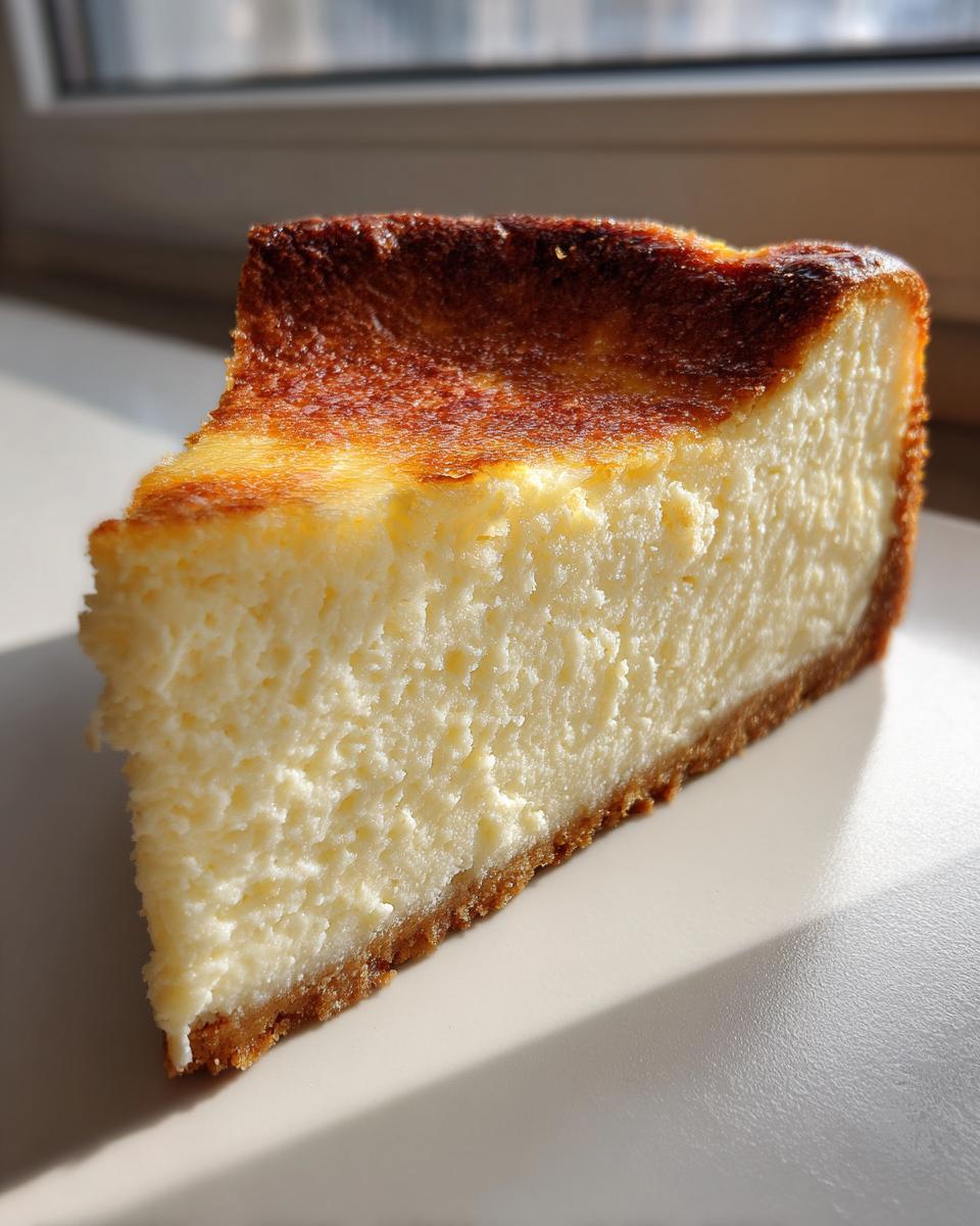 A close-up slice of creamy cheesecake with a golden-brown top and graham cracker crust, demonstrating a perfect cheesecake recipe.