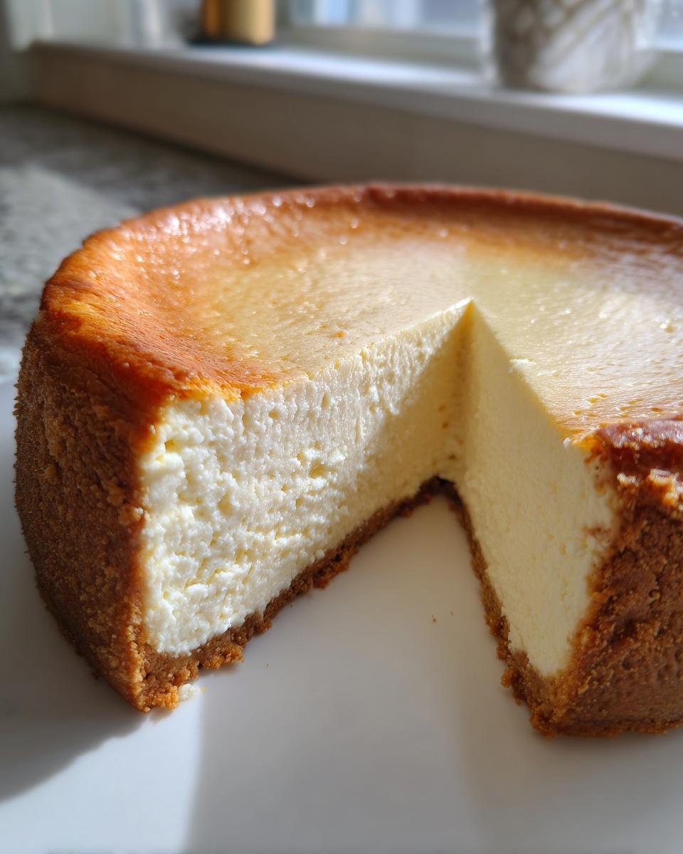 A perfectly baked, creamy cheesecake recipe with a golden-brown top and thick graham cracker crust, one slice removed.