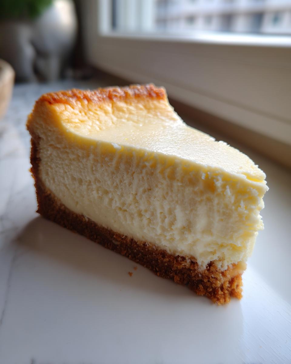 A close-up of a perfectly baked slice of cheesecake recipe showing a thick, creamy filling and graham cracker crust.