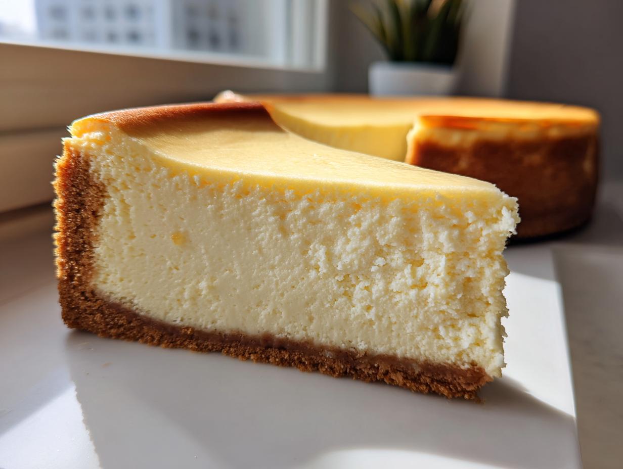 A perfect slice of creamy, baked cheesecake recipe with a thick graham cracker crust, set against a bright window.