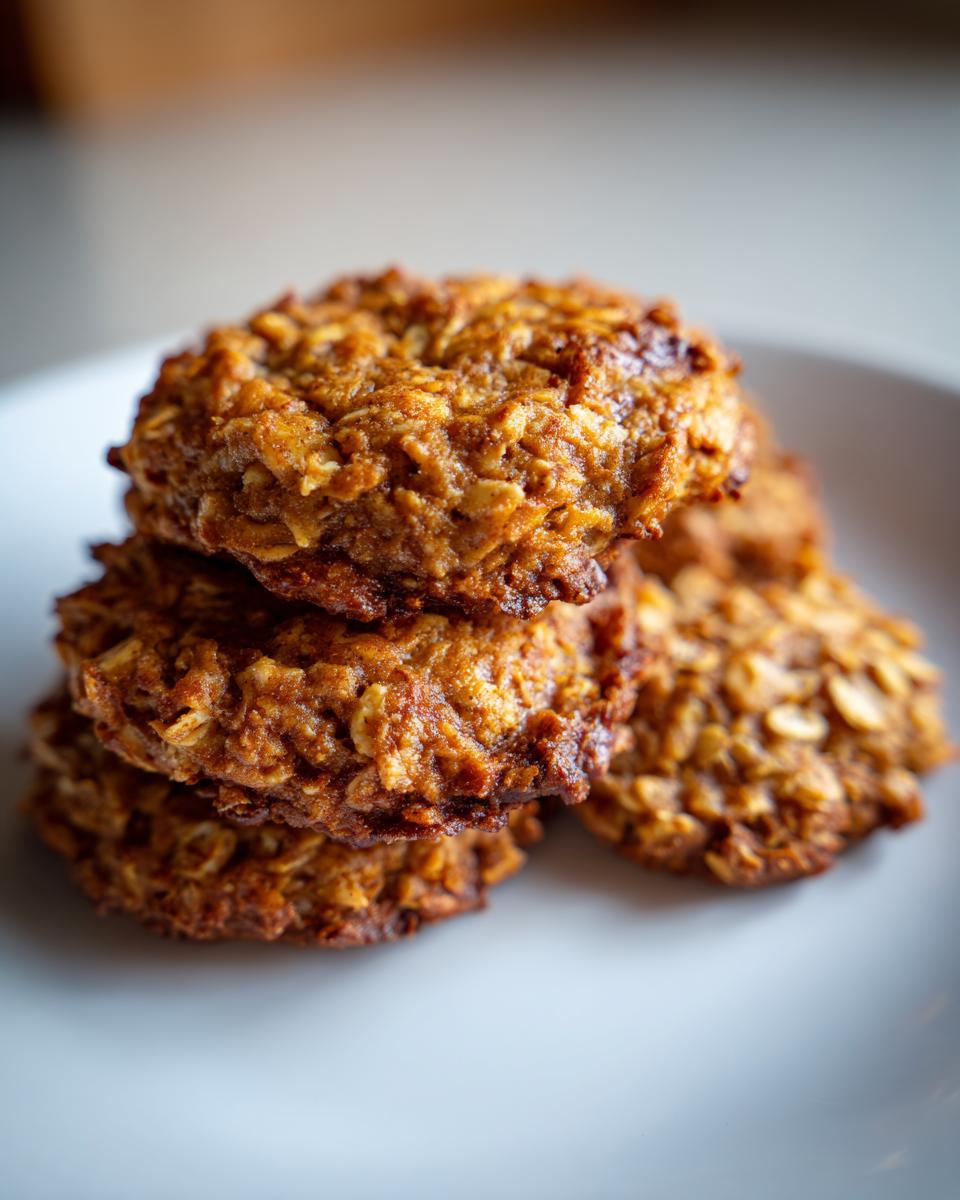 Close-up of a stack of golden, textured breakfast cookie made with oats, resting on a light plate.