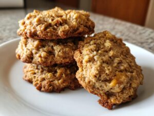 A stack of four golden brown, textured oatmeal breakfast cookie treats on a white plate.