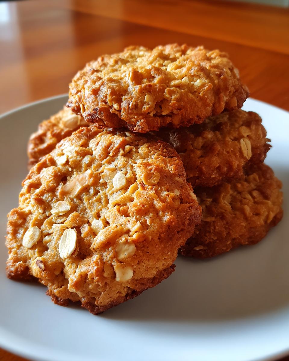A stack of four golden brown, chewy breakfast cookie made with oats and visible white chocolate chips or nuts.
