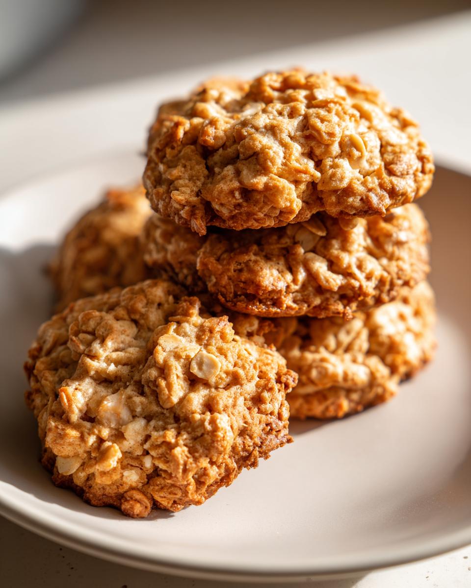 Close-up of a stack of golden, textured breakfast cookie made with oats, sitting on a light beige plate.