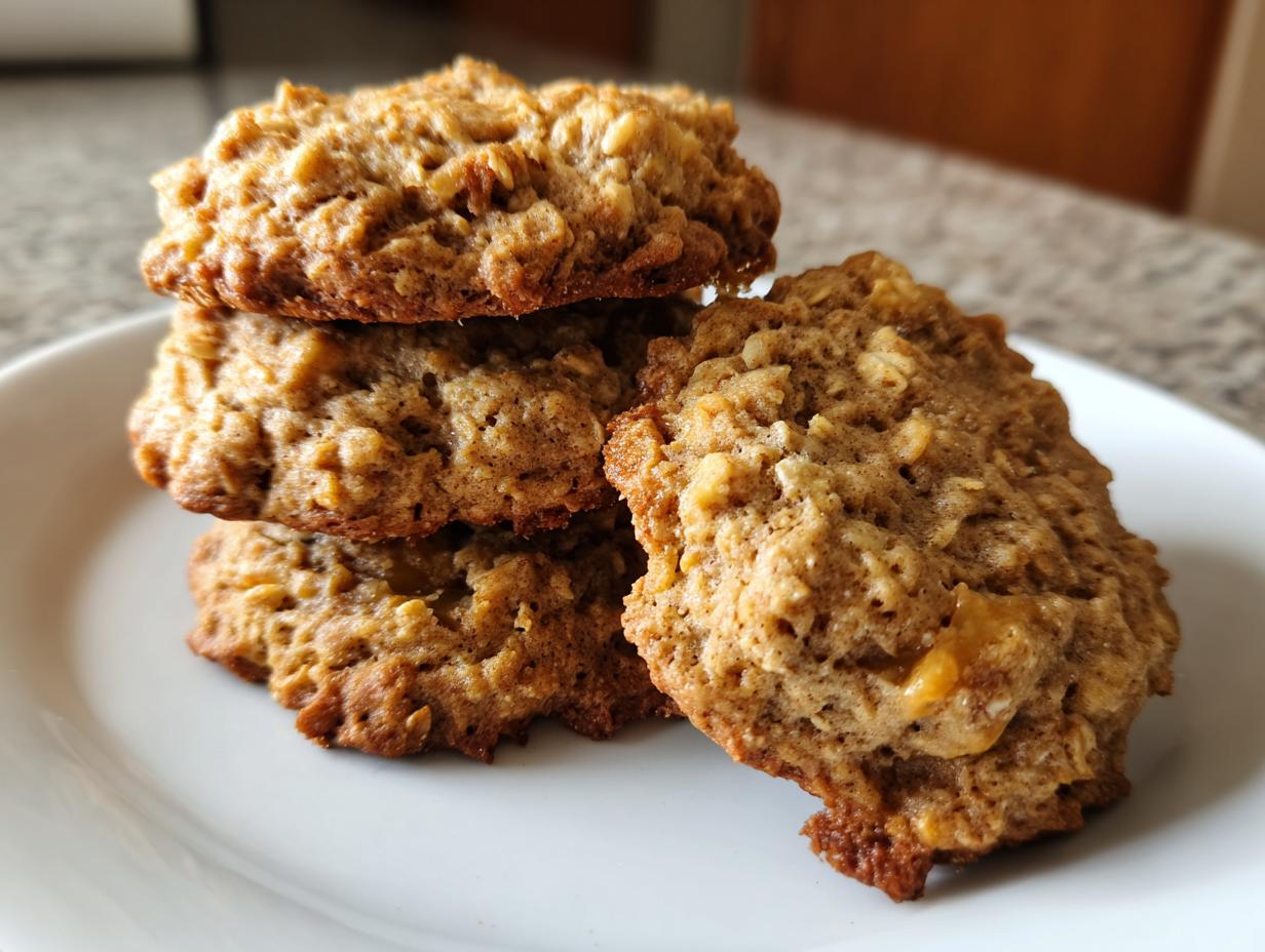 A stack of four golden brown, textured oatmeal breakfast cookie treats on a white plate.