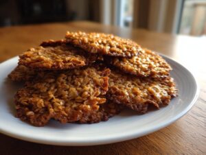 A stack of golden brown, thin, and crispy oatmeal lace cookies resting on a small white plate.