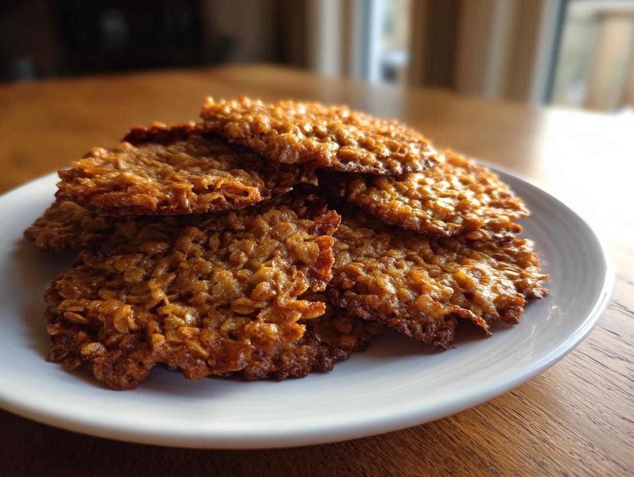 A stack of golden brown, thin, and crispy oatmeal lace cookies resting on a small white plate.