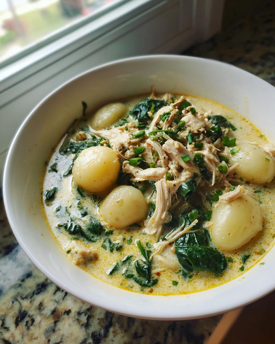 A close-up of creamy Olive Garden Chicken Gnocchi Soup featuring tender gnocchi, shredded chicken, and spinach, garnished with chives.