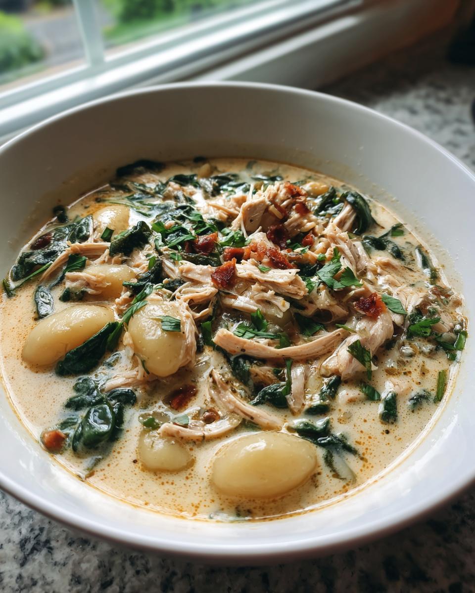 Close-up of a bowl of rich Olive Garden Chicken Gnocchi Soup with shredded chicken, spinach, and gnocchi.