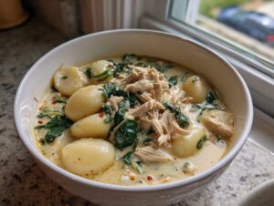 A close-up of a white bowl filled with creamy Olive Garden Chicken Gnocchi Soup, featuring tender gnocchi, shredded chicken, and spinach.