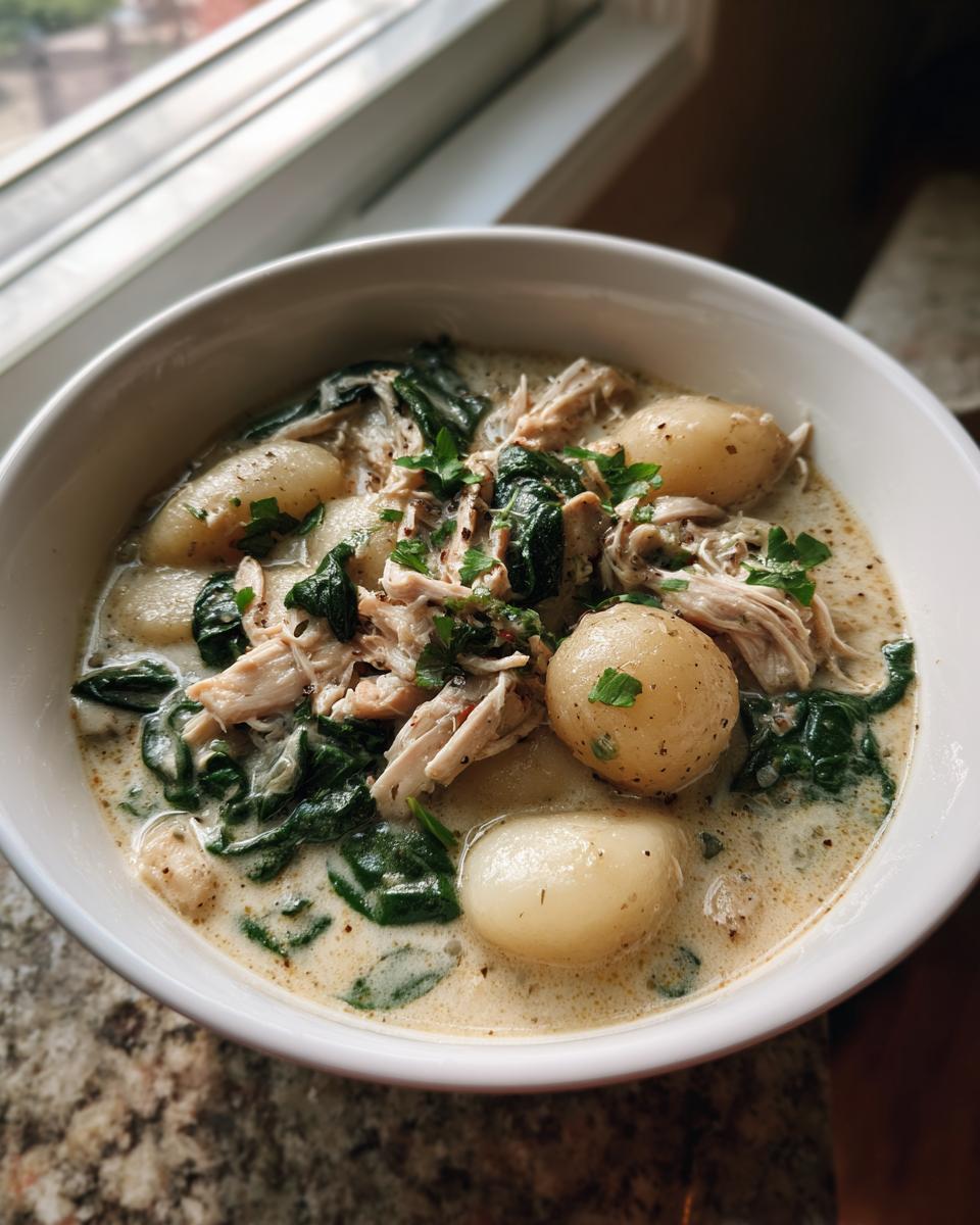 A close-up of a white bowl filled with creamy Olive Garden Chicken Gnocchi Soup, featuring shredded chicken, spinach, and potato gnocchi.