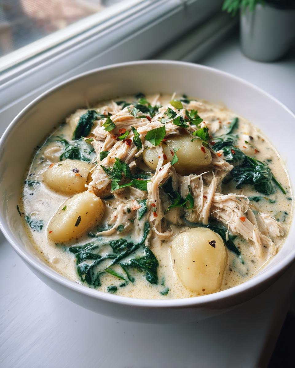A close-up of a white bowl filled with creamy Olive Garden Chicken Gnocchi Soup, topped with shredded chicken and fresh parsley.