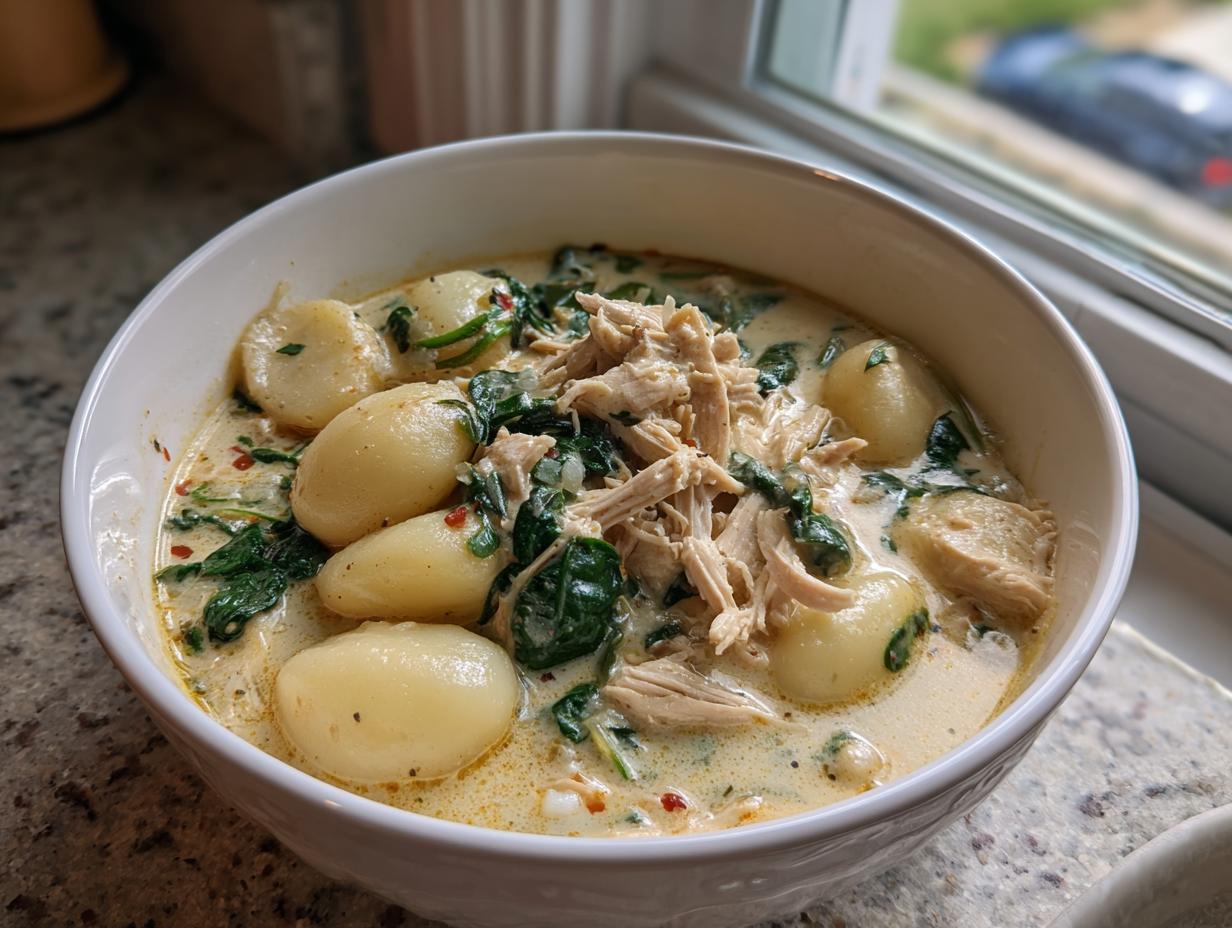 A close-up of a white bowl filled with creamy Olive Garden Chicken Gnocchi Soup, featuring tender gnocchi, shredded chicken, and spinach.