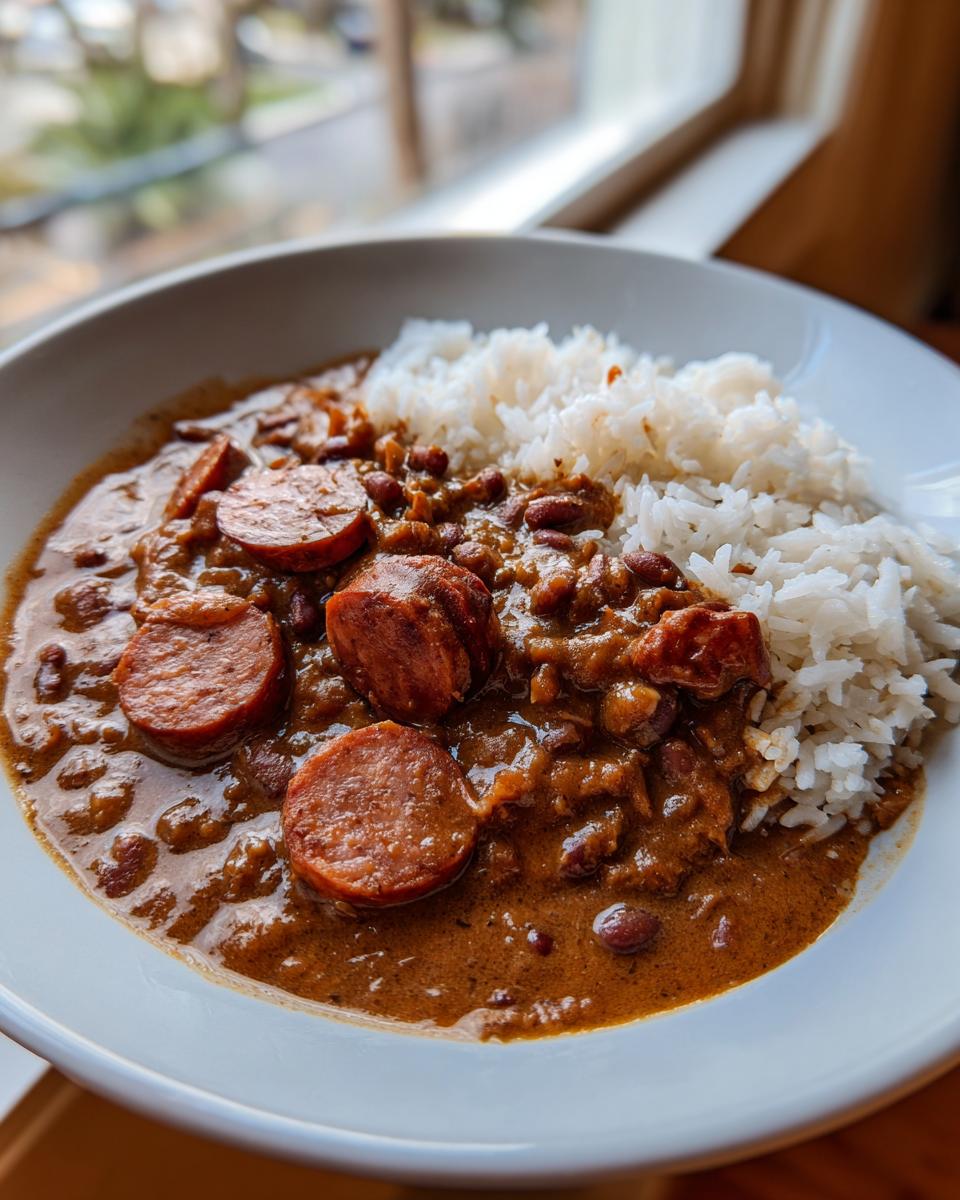 A bowl of rich, savory red beans and rice topped with thick slices of smoked sausage.