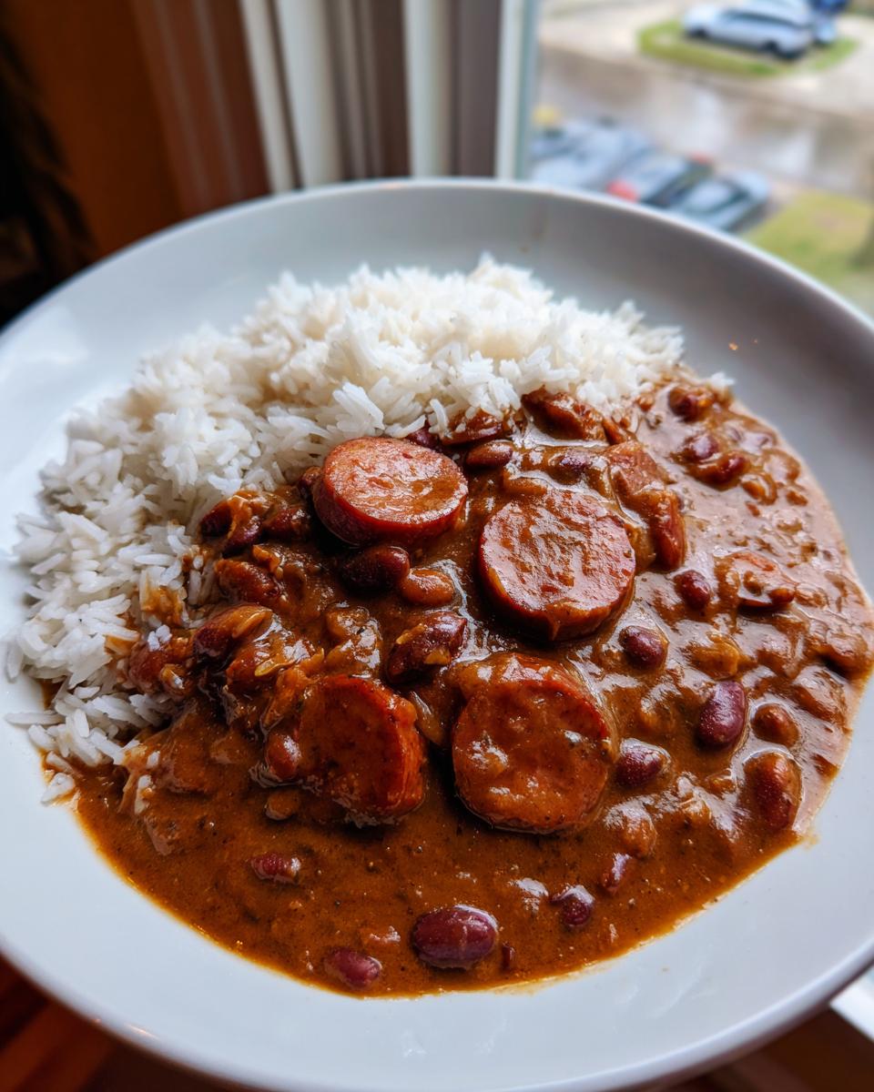 Close-up of a white bowl filled with creamy red beans and rice topped with thick slices of smoked sausage.