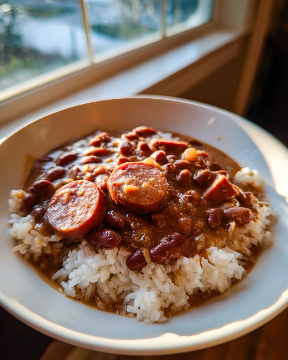 A bowl of rich red beans and rice topped with slices of smoked sausage, served near a window.
