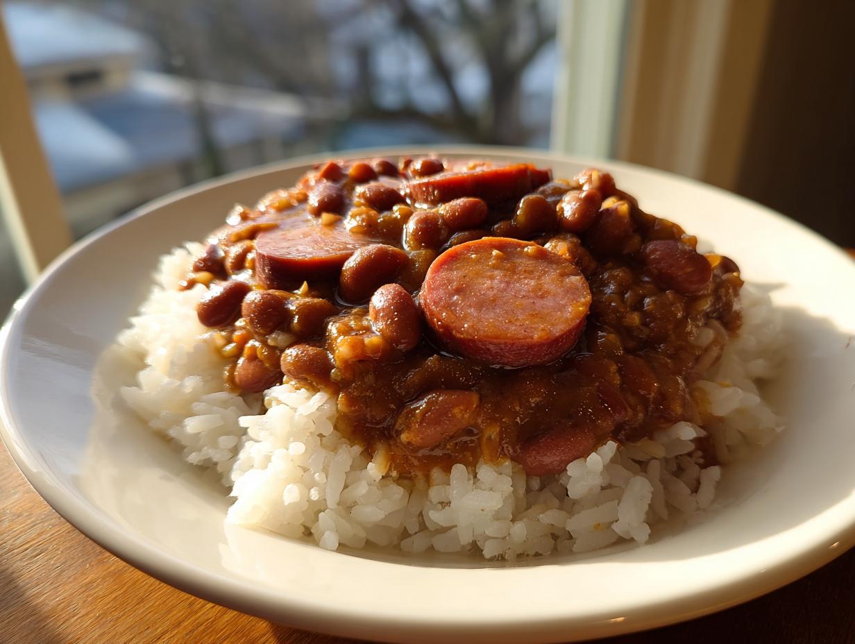 A close-up of a bowl of amazing red beans and rice topped with slices of smoked sausage.