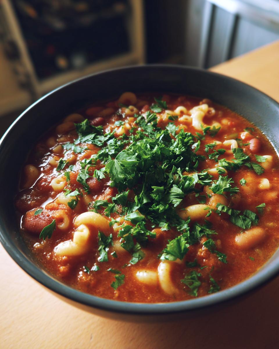 Close-up of a dark bowl filled with rich, tomato-based pasta e fagioli soup, garnished heavily with fresh parsley.