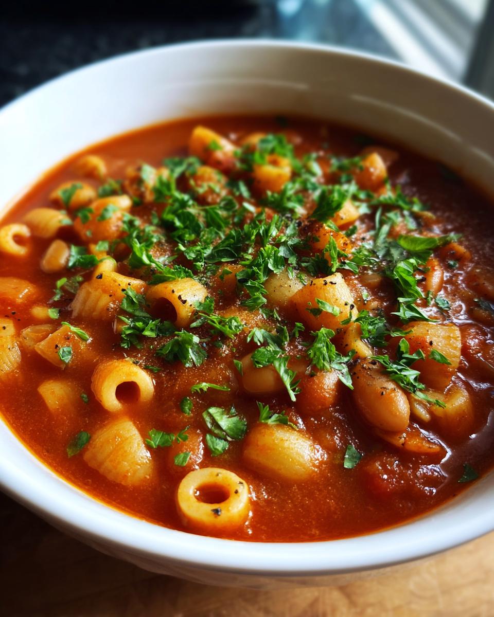 Close-up of a white bowl filled with rich, red tomato broth pasta e fagioli, topped with fresh parsley.