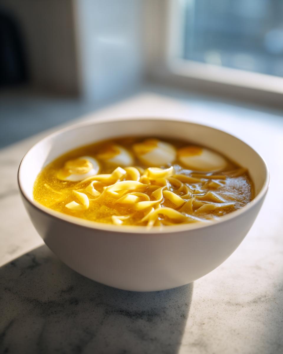 A white bowl filled with golden broth, egg noodles, and sliced hard-boiled eggs, representing delicious pastina soup.