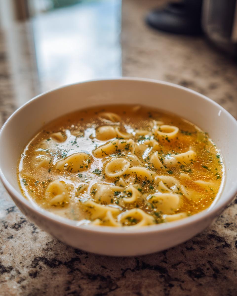 Close-up of a white bowl filled with hot pastina soup, featuring small pasta shells in savory broth garnished with parsley.