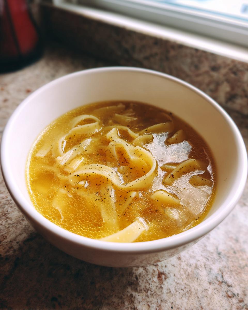 Close-up of a white bowl filled with golden broth and small pasta shapes, seasoned with black pepper, representing pastina soup.