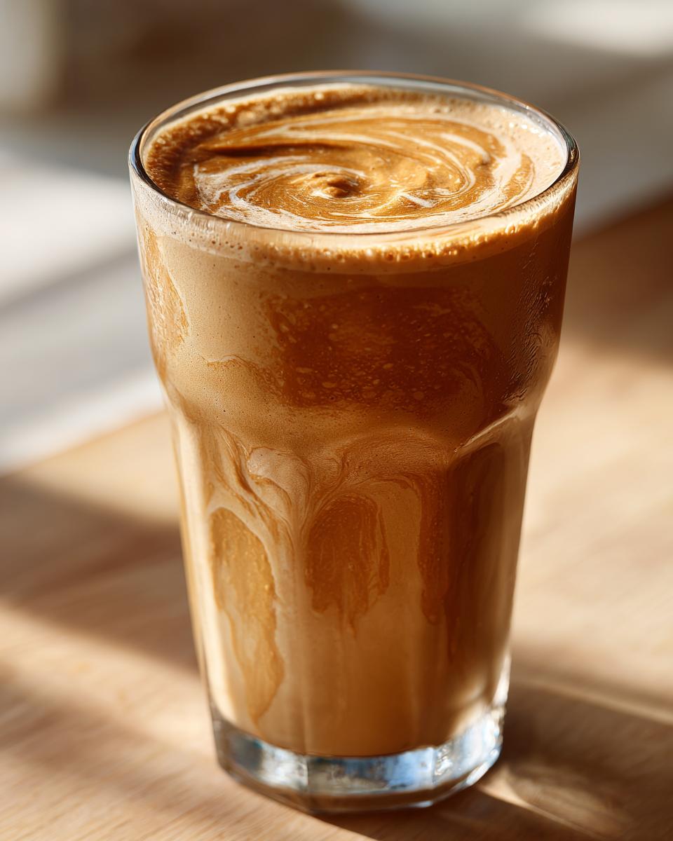 Close-up of a creamy peanut butter banana smoothie with a rich, swirled top texture in a tall glass.