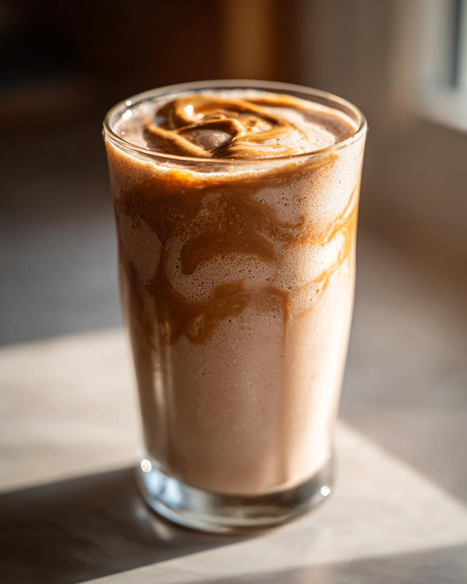 Close-up of a thick peanut butter banana smoothie in a glass, topped with a peanut butter swirl.