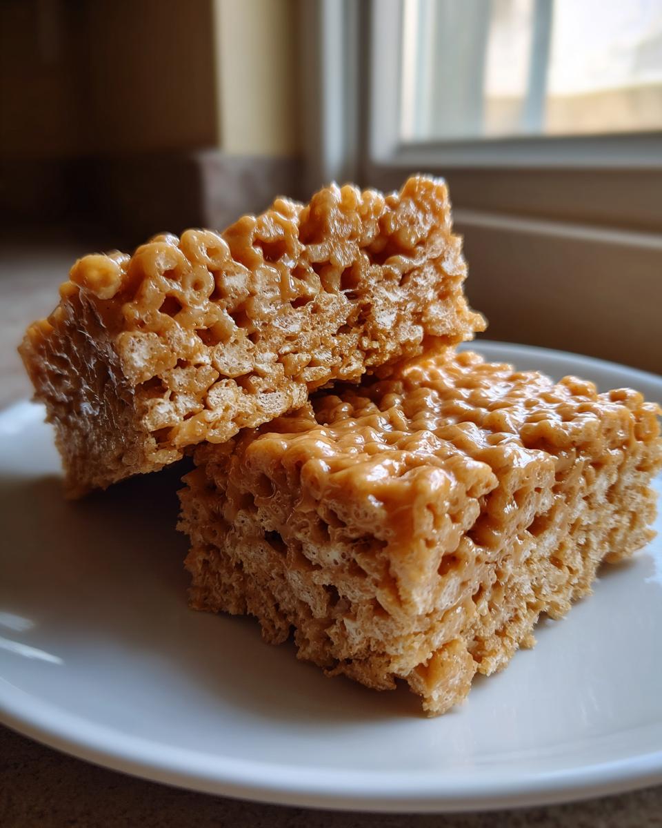Two gooey squares of homemade peanut butter rice krispie treats stacked on a white plate.