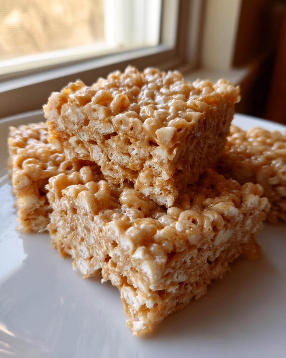 Close-up of three gooey, golden squares of Peanut Butter Rice Krispie Treats stacked on a white plate.