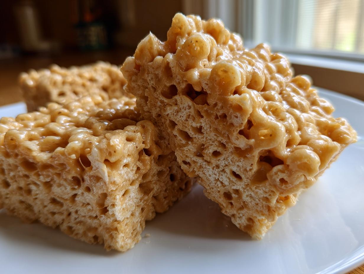 Three thick squares of gooey peanut butter rice krispie treats stacked on a white plate.